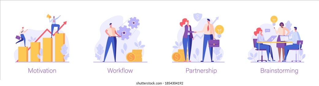 People climbing the career ladder, businessmen signing a contract, colleagues are engaged in brainstorming. Set of motivation, workflow, partnership, brainstorming. Vector illustration in flat