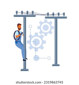 people climbing electric poles holding the rope with gear background