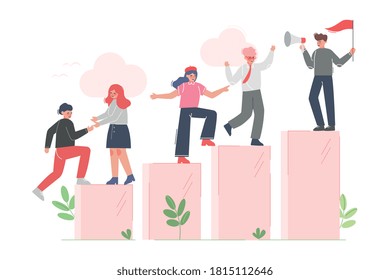 People Climbing up to the Goal Helping Each Other, Business Leadership, Moving up Motivation Concept Cartoon Vector Illustration