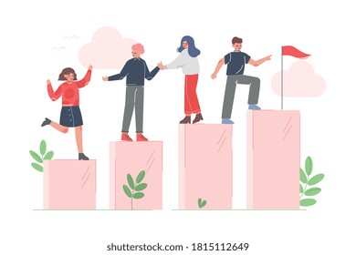 People Climbing up to the Goal Helping Each Other, Moving up Motivation Concept Cartoon Vector Illustration