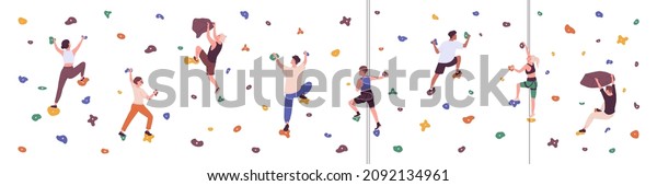 People climbing up indoor in bouldering park.\
Climbers training on stone wall, artificial mountain with rocks.\
Men and women in extreme gym. Flat vector illustration isolated on\
white background