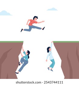 People climbing and jump over mountain hole. Career growth and development, self hard work without help and support. Vector scene