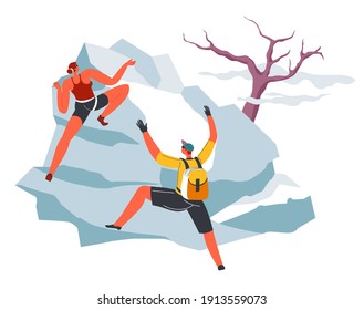 People climbing mountains, characters using gloves and strength to climb up to peak. Active lifestyle and extreme sports. Mountaineer and reaching goals or having ambitions. Vector in flat style