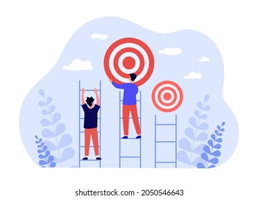 People climbing on success ladder to goal target. Leader man reaching target flat vector illustration. Successful career, leadership, achievement concept for banner, website design or landing web page