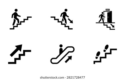 People climbing stairs, descending stairs, and using an escalator for movement and access.