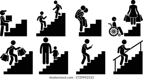 Personas subiendo escaleras con varios objetos y habilidades