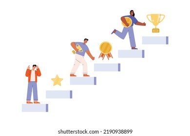 People Climbing Stairs And Winning Awards In The Process Of Gaming, Flat Vector Illustration Isolated On White. Concept Of Gamification And Engaging People In Business Or Learning.