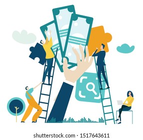 People climbing up to the success, for the better income, salary, pay raise. Business concept illustration.