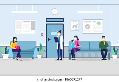 People in clinic waiting room. People sitting on chairs and waiting appointment time in medical hospital. Man and woman in queue at the clinic. Waiting in clinic hall. Vector illustration flat style