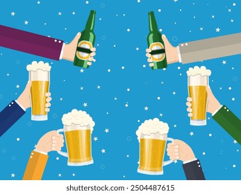 People clinking beer glasses and bottle of beer. concept of cheering people party celebration. Vector illustration in flat style