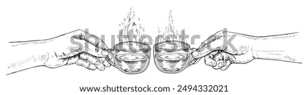 People clinking cups with hot tea. Vector hand drawn illustration. Two hands holding mugs with drink sketch drawing. Black line art. Clipart with white backgrounds. Can be edited. For cards, borders