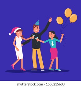 People clinking glasses flat illustration. Male and female party visitors cartoon characters isolated on blue background. New Year, Christmas, Birthday party. Entertainment, holiday, feast concept