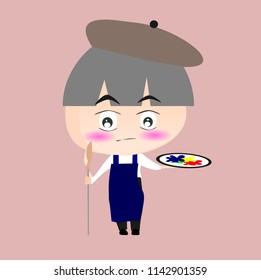 People clipart vector. Cartoon character illustration. A child with a career that wants to be. Boy holding a palette and brush. He is an artist. 