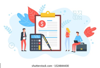 People and clipboard with financial document, calculator and pen. Accounting, business plan, consulting, tax audit, financial management concepts. Modern flat design. Vector illustration