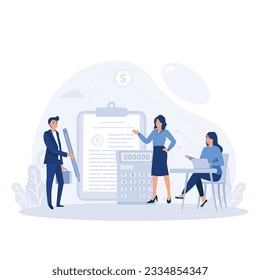 People and clipboard with financial document, calculator and pen. financial management concepts, flat vector modern illustration