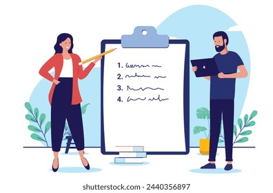 People and clipboard - Man and woman standing in front of numbered list taking notes and presenting business plan. Flat design vector illustration with white background