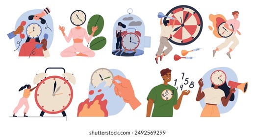 People with clock. Characters interact with time during work and daily life. Business planning, rush, deadline, waking up and self organization. Flat vector illustration set isolated on background