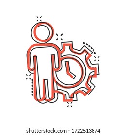 People and clock icon in comic style. Gear with user cartoon vector illustration on white isolated background. Businessman splash effect business concept.
