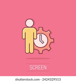 People and clock icon in comic style. Gear with user cartoon vector illustration on isolated background. Businessman splash effect business concept.
