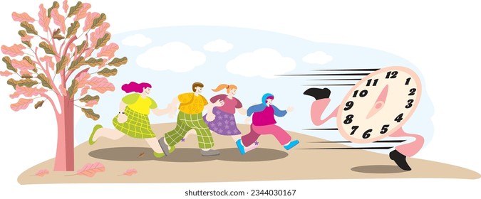 PEOPLE AND CLOCK  RUN ,TO SHOW THE SYMBOL OF   TIME IS RUNNING OUT VECTOR ILLUSTRATION