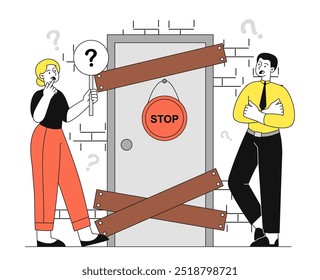 Personas con puerta cerrada. Hombre y mujer cerca de la puerta con señal de stop. Obstáculo de negocio y oportunidad. Trabajo en equipo y colaboración. Ilustración vectorial lineal aislada sobre fondo blanco