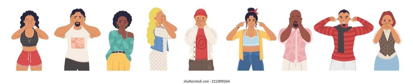 People closing eyes with hands and plugging ears with fingers, flat vector isolated illustration. Disregard, disagreement, refusal, denial, ignoring.