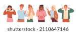 People closing and plugging ears with hands and fingers. Set of men and women sensitive to loud sounds. Characters ignore annoying voices. Cartoon flat vector collection isolated on white background