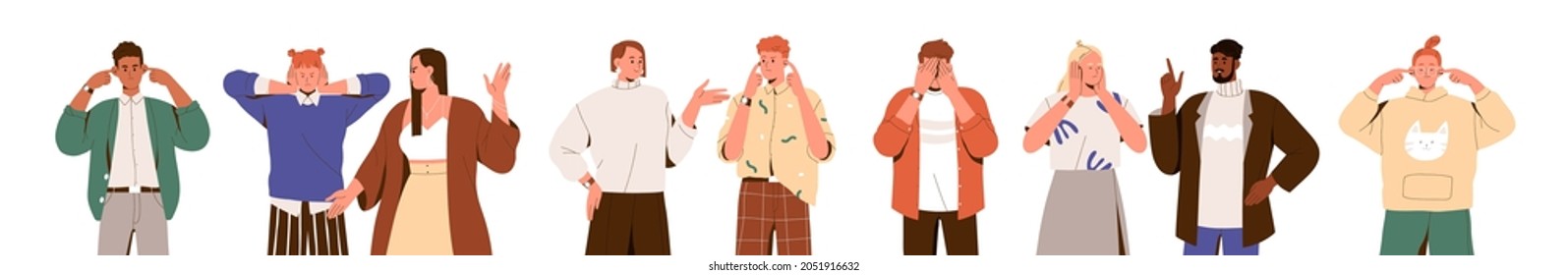 People closing and plugging ears with hands and fingers, ignoring annoying sounds and noise. Sensitive characters avoiding hearing and listening set. Flat graphic vector illustration isolated on white