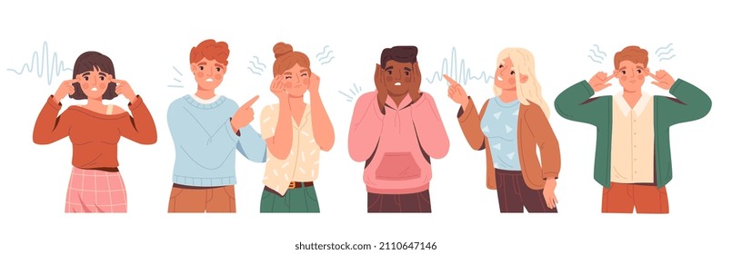 People Closing And Plugging Ears With Hands And Fingers. Set Of Men And Women Sensitive To Loud Sounds. Characters Ignore Annoying Voices. Cartoon Flat Vector Collection Isolated On White Background