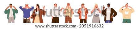 People closing and plugging ears with hands and fingers, ignoring annoying sounds and noise. Sensitive characters avoiding hearing and listening set. Flat graphic vector illustration isolated on white