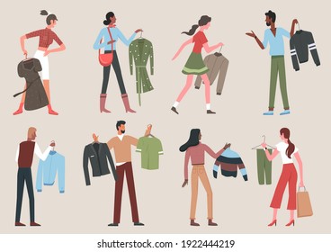 People with clothes hanger vector illustration set. Cartoon young man and woman characters standing, holding hanging dress or jacket, choosing between two clothing during shopping in store or home