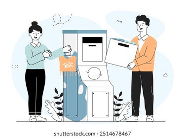 Personas con donaciones de ropa. Hombre y mujer con cajas de ropa. Generosidad y bondad. Voluntarios de organizaciones de caridad. Ilustración vectorial lineal aislada sobre fondo blanco