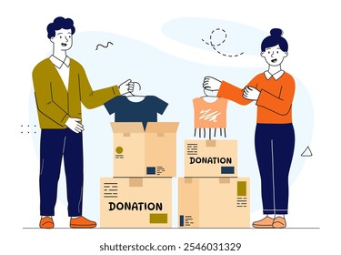 Personas con donaciones de ropa. Hombre y mujer cerca de cajas de cartón con ropa. Voluntarios de la fundación benéfica. Amabilidad y generosidad. Ilustración vectorial lineal aislada sobre fondo blanco