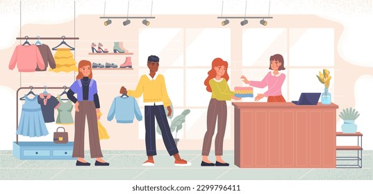 People in clothing store. Men and women near cash register with goods. Buyers and seller, shopping. Hangers with sweaters, dresses and Tshirts. Fashion and trend. Cartoon flat vector illustration