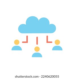 People with cloud icon. Exchange of information and remote work, services on Internet. Evaluation of graphs and charts, data. Sticker for social media and messengers. Cartoon flat vector illustration