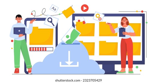 People with cloud service concept. Man and woman near electronic storage and archive. Security of information and personal data on Internet, wireless connection. Cartoon flat vector illustration