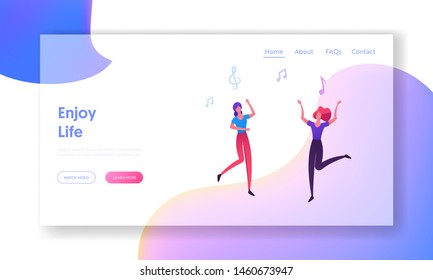 People Clubbing in Night Club Website Landing Page, Girls Visit Music Event or Concert, Women Dancing and Jumping, Friends Having Fun, Leisure, Web Page. Cartoon Flat Vector Illustration, Banner