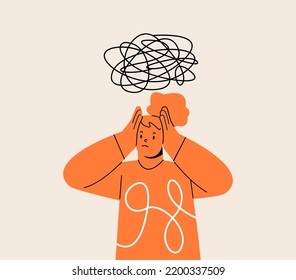 People with clutter of thoughts in brain, woman with mental disorders, anxiety and confused minds. Psychology concept. Colorful vector illustration
