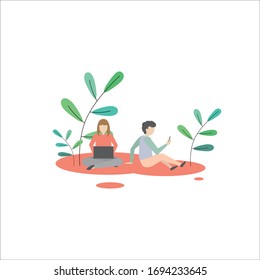 people in co working area with social network, flat illustration vector design