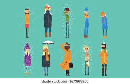 People in Coats Freezing Outside on Cold, Rainy and Windy Day, Autumn and Winter Season Vector Illustration