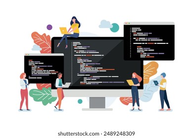 People with coding on computer screen. Concept of computer programming or developing software or game. Vector flat illustration with coding, Java, HTML, symbols and programming windows.