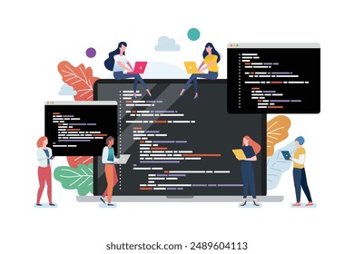 People with coding on laptop screen. Concept of computer programming or developing software or game. Vector flat illustration with coding, Java, HTML, symbols and programming windows.