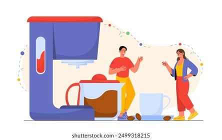 People with coffee apparatus. Man and woman near huge mug with hot drink. Espresso, Americano and cappuccino, moccacino. Break in office. Flat vector illustration isolated on white background