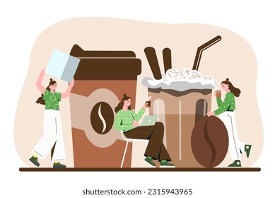 People with coffee break concept. Man and women with sugar and hot drinks in mugs. Cappuccino, espresso and americano, latte. Aroma and beverage. Cafe or coffee shop. Cartoon flat vector illustration