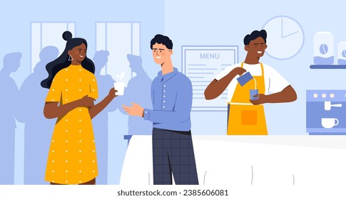 People at coffee break concept. Man and woman with cup of hot drink talk in cafe, catering. Students, friends or workers with tea. Cappuccino and espresso. Cartoon flat vector illustration