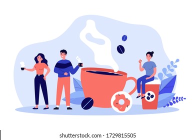 People at coffee break flat vector illustration. Tiny man and women relaxing, talking and drinking coffee. Communication and office experience concept