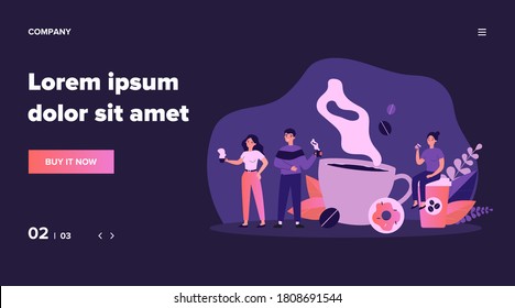 Las personas en la falla de café rompen la ilustración vectorial plana. Pequeños hombres y mujeres relajándose, hablando y bebiendo café. Concepto de experiencia en comunicación y oficina