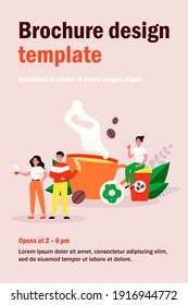 People at coffee break flat vector illustration. Tiny man and women relaxing, talking and drinking coffee. Communication and office experience concept