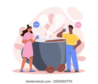 Personas con coffee break. Hombre y mujer cerca de una enorme taza con bebida caliente. Aroma y bebida. Cappuccino y macchiato, café con leche y americano. Ilustración vectorial plana aislada sobre fondo blanco