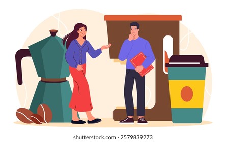 People with coffee concept. Man and woman near coffee grinder, coffee machine and cup of espresso or Americano. Beverage and tasty hot drink. Coffee break at work. Flat vector illustration